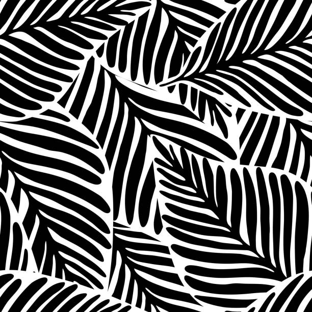 흑백 정글 기하학적 완벽 한 패턴입니다. 이국적인 식물입니다. - 흑백 stock illustrations
