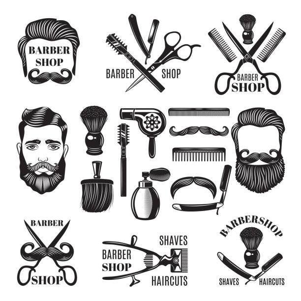 理髮師店工具的單色圖片。向量插圖示簽 - 理髮店 幅插畫檔、美工圖案、卡通及圖標