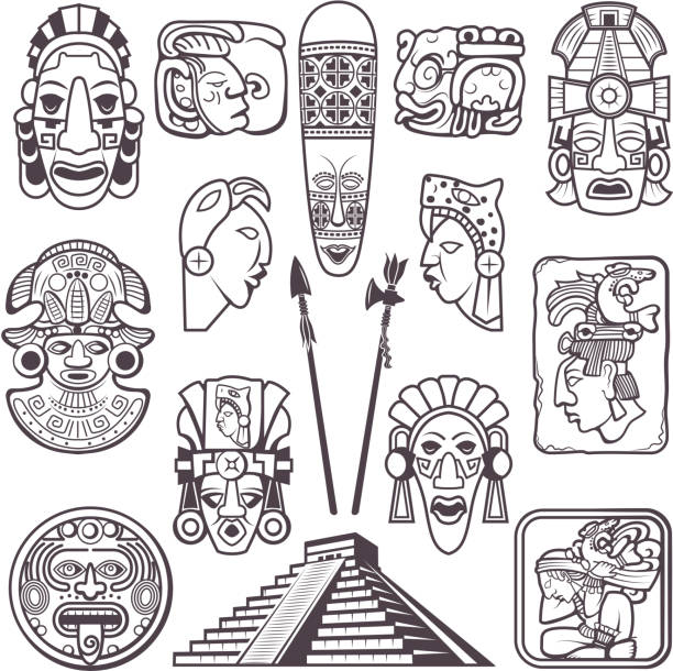 Monochrome pictures set of mayan culture symbols. Tribal masks and totems Monochrome pictures set of mayan culture symbols. Tribal masks and totems. Vector aztec tribal mythology, souvenir ancient illustration mayan stock illustrations