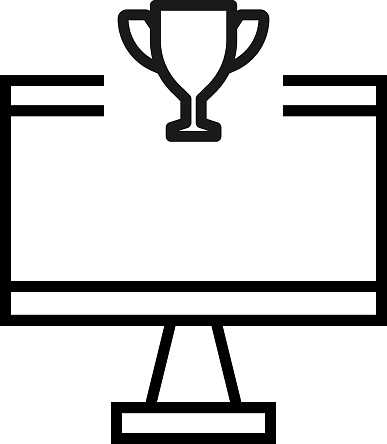 Monochrome sign drawn with black thin line. Perfect for internet resources, stores, books, shops, advertising. Vector icon of winner cup inside of computer