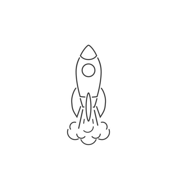 stockillustraties, clipart, cartoons en iconen met monochrome vectorillustratie van raketlijnpictogram dat op witte achtergrond wordt geïsoleerd - sp;ace rocket