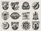 Monochrome vintage brewing badges with beer mug glass bottle cans wheat ears wooden casks bottle caps and opener isolated vector illustration