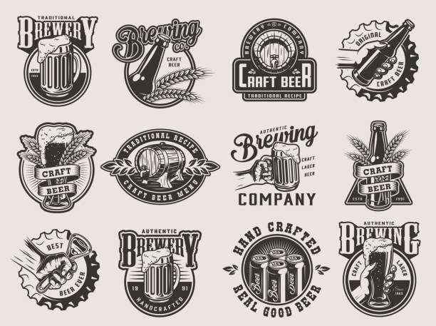 Monochrome vintage brewing badges Monochrome vintage brewing badges with beer mug glass bottle cans wheat ears wooden casks bottle caps and opener isolated vector illustration beer stock illustrations