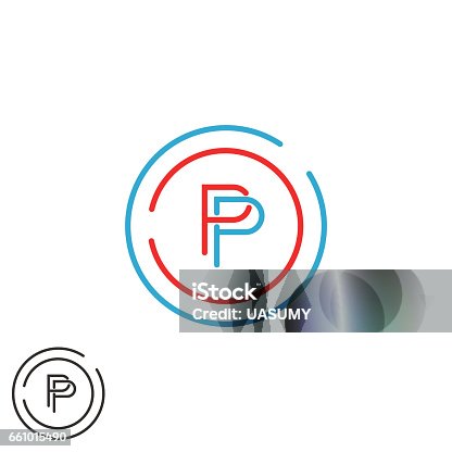 istock Monogram P letter symbol mockup, initial modern hipster thin line emblem template, red and blue circle frame design element template 661015490