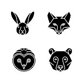 Set of 4 Monoline Animal Faces - Fox, Hare, Bear, Owl
