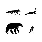 Set of 4 Monoline Animal - Fox, Hare, Bear, Owl