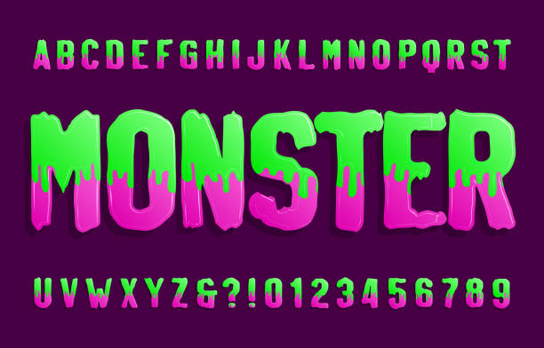 Monster alphabet font. Hand drawn slime letters and numbers. vector art illustration