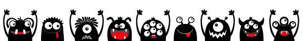 Monster black silhouette head face icon set line. Happy Halloween. Eyes, tongue, tooth fang, hands up. Cute cartoon kawaii scary funny baby character. White background. Flat design. Monster black silhouette head face icon set line. Happy Halloween. Eyes, tongue, tooth fang, hands up. Cute cartoon kawaii scary funny baby character. White background Flat design. Vector illustration monster stock illustrations