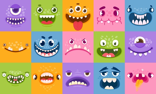 Monster faces. Funny cartoon monsters heads, eyes and mouths. Scary characters for kids. Halloween monsters or aliens emotions vector set. Devil cute head, halloween beast scary illustration