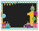 A vector illustration of a first birthday party invitation featuring cute monsters. Objects are grouped and layered for easy editing. Files included: EPS10, AI and large high res JPG.