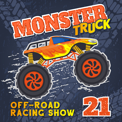 Monster heavy truck with huge tires extreme sport race poster. Large wheels extreme race heavy truck vector illustration. Big wheels cars extreme show poster