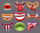 Monster mouths set. Cartoon halloween teeth and tongue of creatures, cheerful design of funny crazy mouths, vector illustration of flat icons of elements character with devils laugh