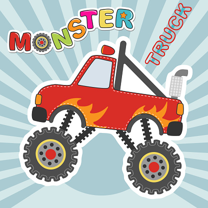 Monster truck red car cartoon character. Vector illustration.