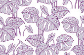 istock Monstera Deliciosa leaf. Botanical seamless vector pattern. Ornament with bouquet, branches of tropical leaves in light purple on white background. Cartoon style. 1367356500
