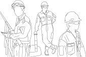 A line drawing of manual workers