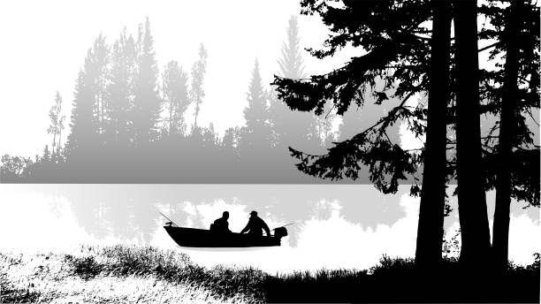 Montana River Ride Two men sitting in a small fishing boat, riding down a beautiful river river silhouettes stock illustrations