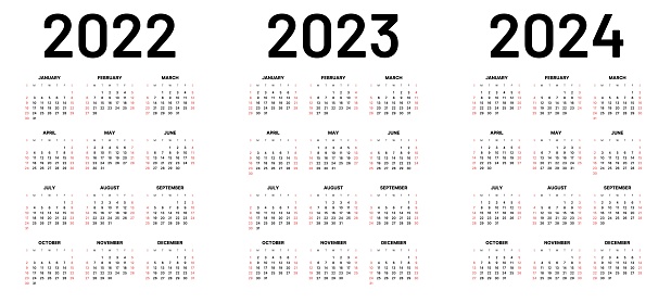 Monthly calendar for 2022, 2023 and 2024 years. Week Starts on Sunday.