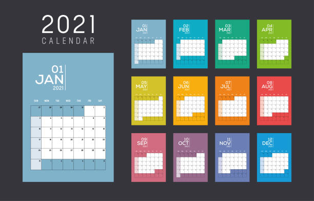 2021 monthly colorful calendar Year 2021 monthly colorful calendar. Week starts Sunday. Vector template. calendars templates stock illustrations