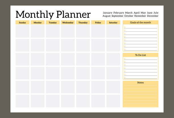 Monthly Planner template, to do list, notes, goals. Schedule for study or work. Abstract clear yellow vector illustration. Monthly Planner template, to do list, notes, goals. Schedule for study or work. Abstract clear yellow vector illustration. monthly event stock illustrations