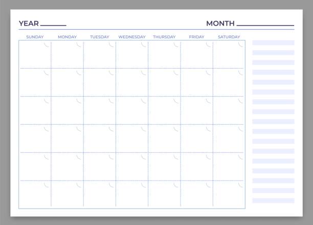 Monthly planner template. Vector month and week plan Monthly planner template. Vector month and week plan, calendar daily, time weekly stationery print to work illustration monthly event stock illustrations