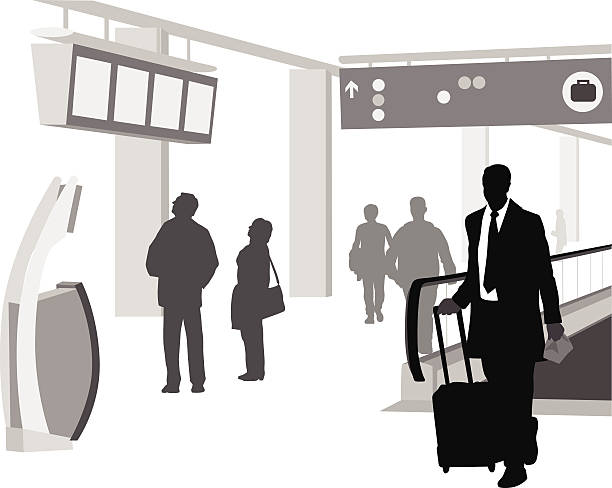 MonthlyTrip A business man makes his trip through the airport. airport silhouettes stock illustrations