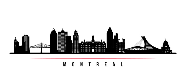 Montreal city skyline horizontal banner. Black and white silhouette of Montreal city, Canada. Vector template for your design.