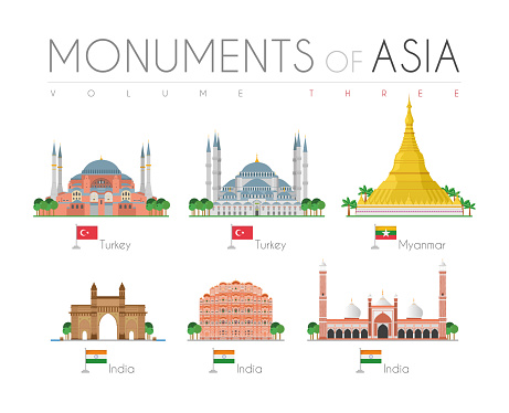 Monuments of Asia in cartoon style Volume 3: Hagia Sophia and Blue Mosque (Turkey), Shwedagon Pagoda (Myanmar), Gate of India, Hawa Mahal and Jama Masjid Mosque (India). Vector illustration