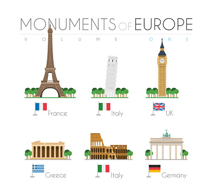 Monuments of Europe in cartoon style Volume 1: Eiffel Tower (France), Pisa Leaning Tower (Italy), Big Ben (UK), Parthenon (Greece), Colosseum (Italy) and Brandenburg Gate (Germany). Vector illustration