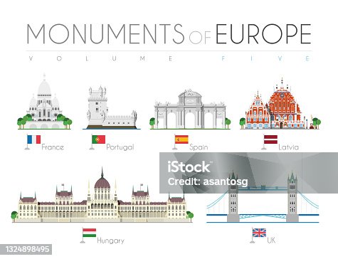 istock Monuments of Europe in cartoon style Volume 5: Sacre Coeur (France), Belem Tower (Portugal), Alcala Gate (Spain), Blackheads House (Latvia), Hungarian Parliament (Hungary) and Tower Bridge (UK). Vector illustration 1324898495