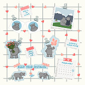 Mood board is on white wall with photos and blue paper binder. Set of hippos in different situations on cut paper. Avatars, tulips, balloons, traveling pick, text messages, calendar of February 2021