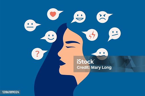 istock Mood swing concept. Many emotions surround young female with Bipolar disorder. Woman suffers from hormonal with a change in mood. 1286189024