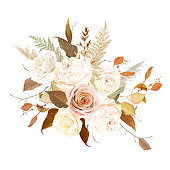 Moody boho chic wedding vector bouquet. Warm fall and winter tones. Orange red, taupe, ivory, brown, cream, gold, beige, sepia autumn colors. Rose flowers, peony, ranunculus, pampas grass, fern.