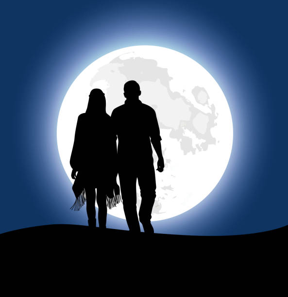 Moolight Couple Silhouette illustration. Couple walking hand in hand at night time  with huge moonlight background full moon illustrations stock illustrations