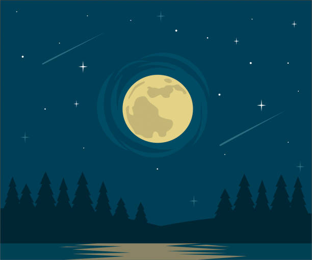 Moon and lake flat design moon and lake night illustrations stock illustrations