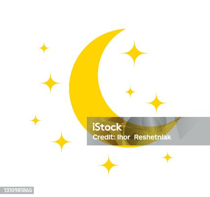 istock Moon and star. Yellow icon of moon for night. Pictogram of crescent and star. Logo for sleep and baby. Celestial symbol isolated on white background. Illustration for goodnight and ramadan. Vector 1310981865