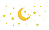 Moon and stars. Yellow moon and stars isolated on white background. Ramadan Kareem concept. Vector stock.