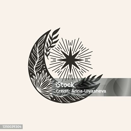 istock Moon crescent flower mandala.Astrology boho witch symbol amulet.Sacred mystic decoration trendy style 1310039304