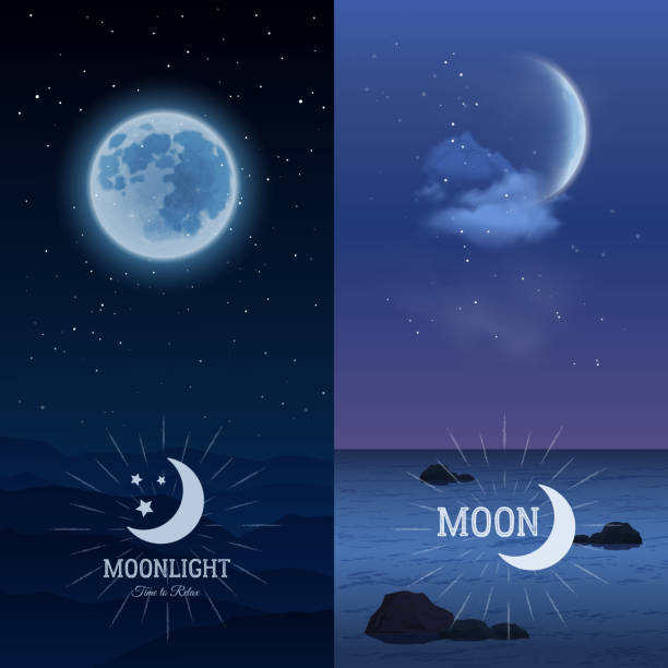 Moonlight vertical banner set with moon on dark sky background...