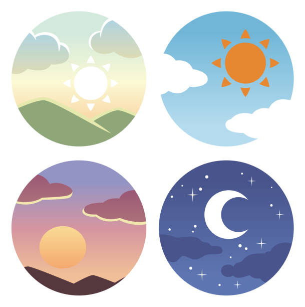Morning, noon, evening circle icon flat, day icon early morning stock illustrations