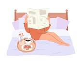 istock Morning routine concept. Girl reading newspaper and having breakfast in bed. Flat vector illustration on white background 1352152143