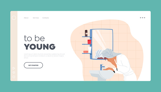 Morning Routine Landing Page Template. Young Female Character Washing Face in Bathroom Sink. Girl in Towel and Robe