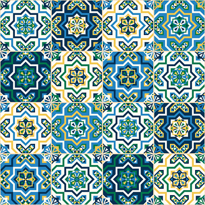 Moroccan tile pattern vector seamless with mosaic arabesque ornaments. Islamic, spanish ceramic, portugal lisbon azulejo, mexico talavera