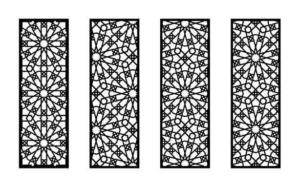 Morocco set of decorative vector panels for laser cutting. Morocco set of decorative vector panels for laser cutting. Template for interior partition in arabesque style. Aspect ratio 1to3 arabesque position stock illustrations