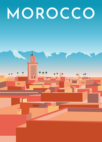 Morocco travel retro poster, vintage banner. Panorama of Marrakech city with red houses, mosque, blue mountains and sky. Hand drawing flat vector illustration.