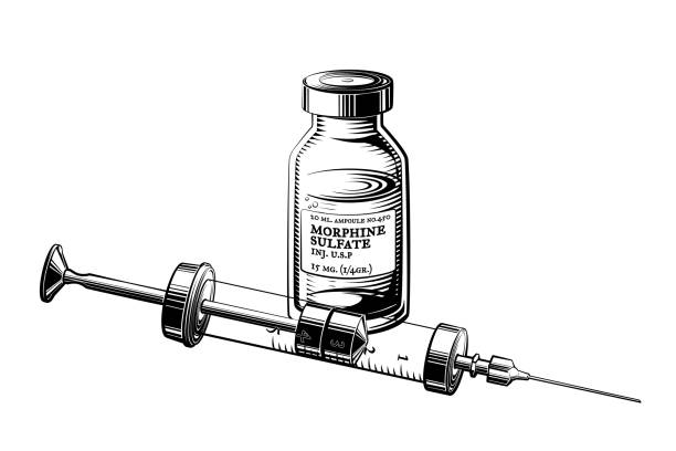 Morphine Morphine drug bottle and syringe vector. Hand drawn illustration of injectable drug. pain drawings stock illustrations