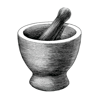 Mortar and pestle vintage engraving illustration isolated on white background,symbol of pharmacy and medicine