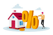 Mortgage and Home Buying Concept. Tiny Male Character with Huge Percent Symbol Stand at Cottage House with Golden Coin. Man Take Bank Loan for Purchasing Real Estate. Cartoon Vector Illustration