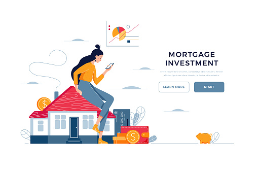 Mortgage investment landing page template. Woman sitting on the house, analyzes profit from property buying or rent. Buy real estate, investment income . Flat vector illustration