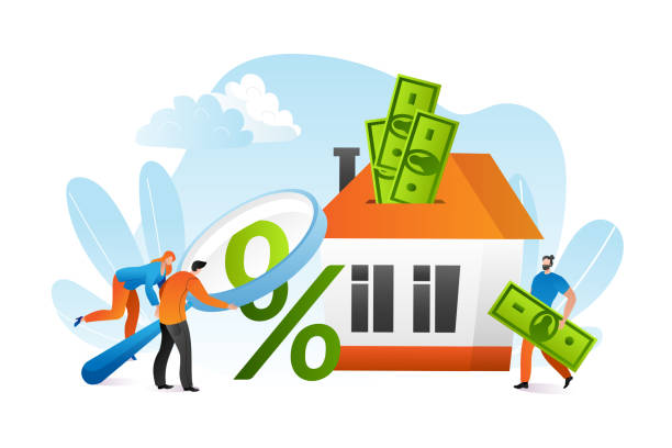 Mortgage loan with finance investment for apartment ownership concept, vector illustration. Man woman character look at percent sign vector art illustration