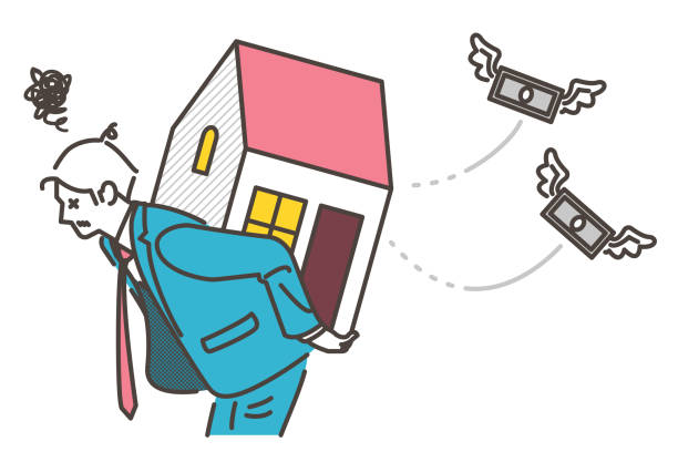 stockillustraties, clipart, cartoons en iconen met mortgage payment concept. man, house and money [vector illustration]. - piggyback hurt dad